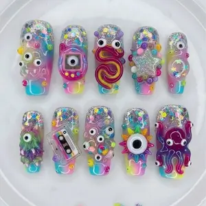 Weirdcore Y2K Press On Nails | 3D Alien Eye Trippy Nails | Colorful Maximalist Indie Nails | Funky Kawaii Statement Handmade Nails Set, Nail Art Kit Nail Box – FASTSHIPPING