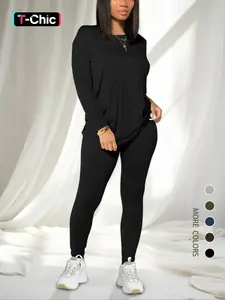 Women's Solid Drop Shoulder Tee & Elastic Waist Skinny Pants Two-piece Set, Basic Casual Fashion Cozy Fit Round Neck Long Sleeve T-shirt & Trousers for Daily Outdoor Wear, Women's Clothing for Spring & Fall, Womenswear