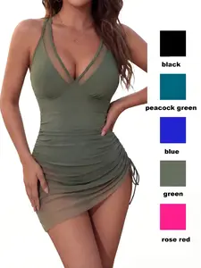 2026 One-piece swimming suit with a skirt-like design, net fabric, sexy deep V neckline, drawstring straps, lacing, hourglass-shaped, figure-hugging bikini