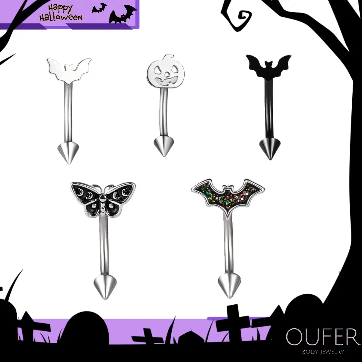 Oufer Halloween Titanium Bat Spike End 16G Titanium Vertical Angel Bites Lip Piercing Ring for Labret & Rook Piercing 316L Stainless Steel Labret Jewelry