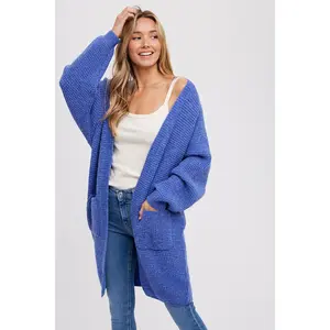 Blue Chunky Waffle Knit Cardigan