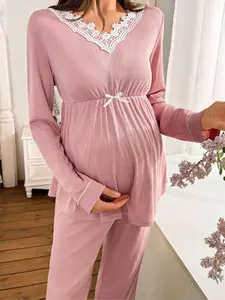 Women Maternity Sleepwear Set, V Neck Color Contrast, Lace Trim, Long Sleeve Pants, Comfortable and Stylish, Perfect for Pregnancy, Prenatal Maternity Clothing