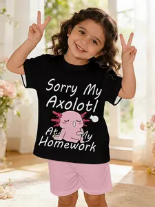 Black background axolotl fun girls' suit digital print 100% polyester baby short-sleeve set, cute casual clothing for baby girls, T-shirt suitable for daily and outdoor sports, perfect gift for infants and toddlers
