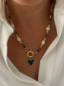 Women's Cute Handmade Beaded Necklace with Heart Pendant & Golden Clasp - Colorful Beads for Vacation Party Jewelry