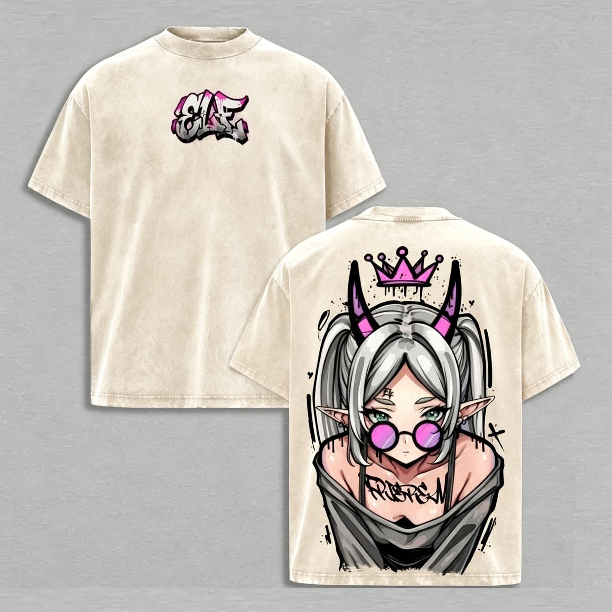 Frieren Streetwear Vintage Washed Anime T-Shirt | Demon Elf Girl Purple Crown Graphic Tee | Oversized Retro Shirt | Heavy Cotton Grunge Gift for Frieren Fans Unisex couple T-shirts  funny graphic tee men’s trendy t-shirts deals humorous 90s streetwear
