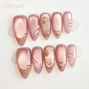 Rose Gold Handmade Press-On Nails | Medium Almond Shape, 10pcs | Spring Summer Trending Pink Cat Eye & Gold Foil Pearl | Clean Girl Aesthetic & Elegant Nails | High Gloss Mirror Finish | Reusable DIY Manicure Kit | Trendy Luxury False Nails