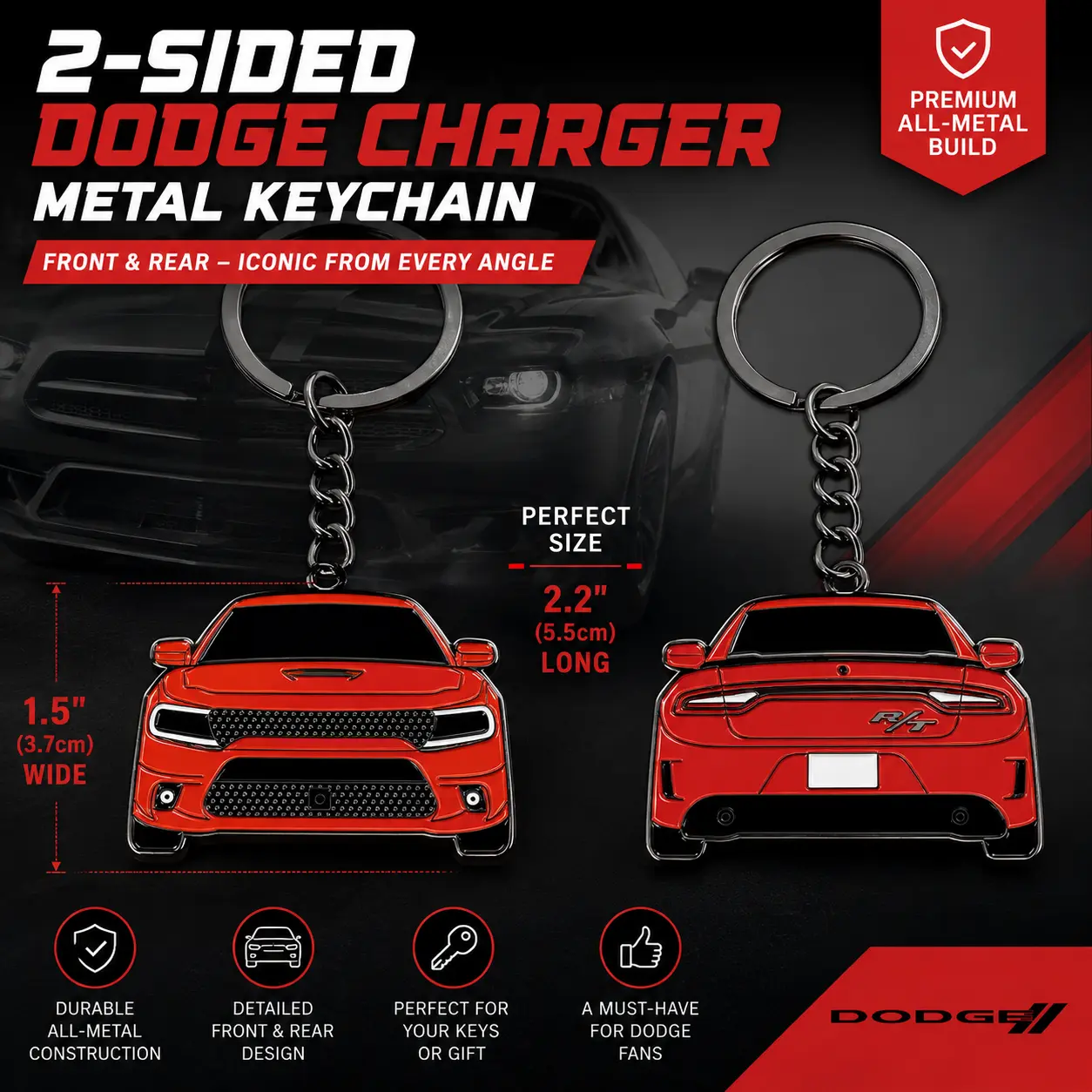 2-Sided Dodge Charger Keychain Key Ring - Automotive Car Exterior Decoration Accessory, Unique Gift for Car Enthusiasts