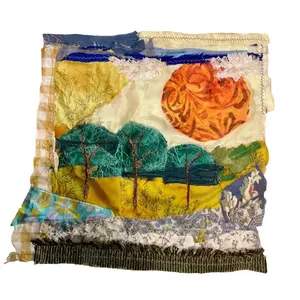Upcycled Patchwork Abstract Art Crazy Quilt “Big Orange Sun” by MGT- Wendy
