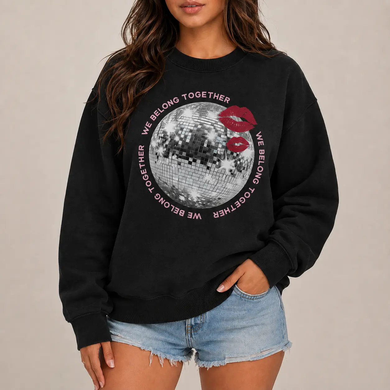 We Belong Together Disco Ball Sweatshirt, Kiss Graphic Retro Music Inspired Crewneck