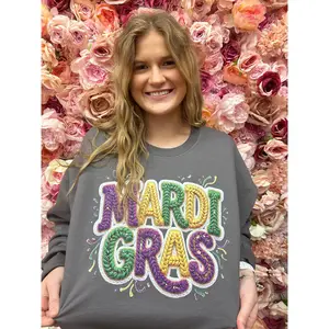 Faux Yarn Mardi Gras, Latch Hook Crochet Mardi Gras, Preppy Glitter Knit Sweatshirt