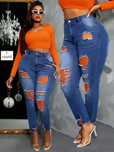 Women's Ripped Denim Jeans, Fashion Casual Slim-fitting Pants for Daily Wear, Ladies Bottoms for All Seasons