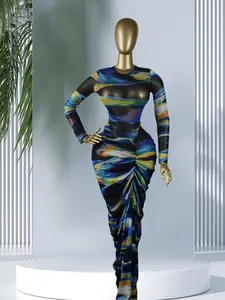 PULKRITU Women's Tie-Dye Print Ruffled Long Sleeve Slim Fit Maxi Prom Dress, Beach Sexy Vacation Party Outfit Dress for Spring Trends,Lady Skirt Dresses Vestidos, Elegant Fitted Dresses