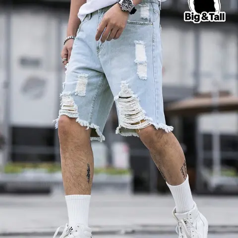 Men's Plus Size Casual Fashion Light Wash Denim Shorts, Street-Style Distressed Baggy Jeans Shorts for Summer Daily Wear, Classic Menswear, Clothes Men