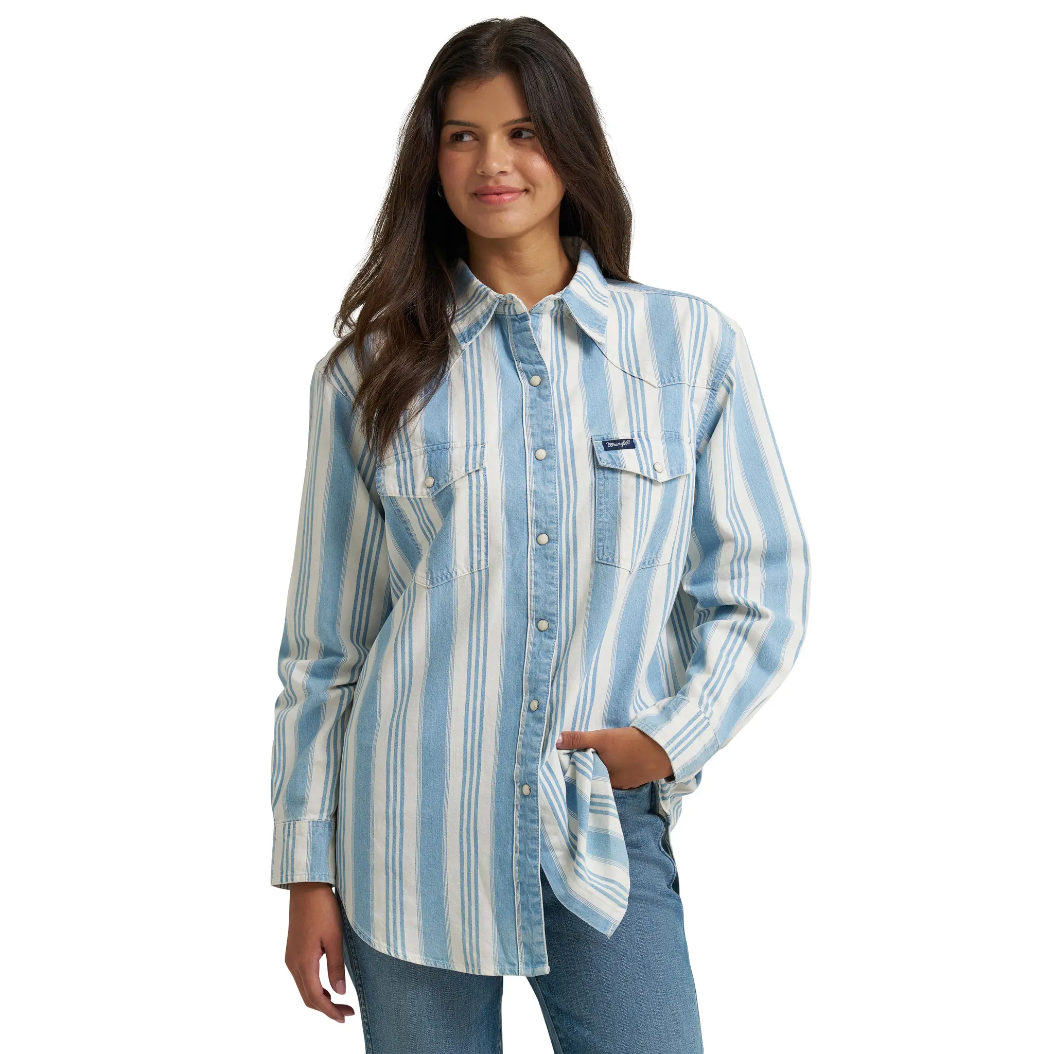 Women's Wrangler Brushpopper Boyfriend Western Snap Shirt - Pale Blue