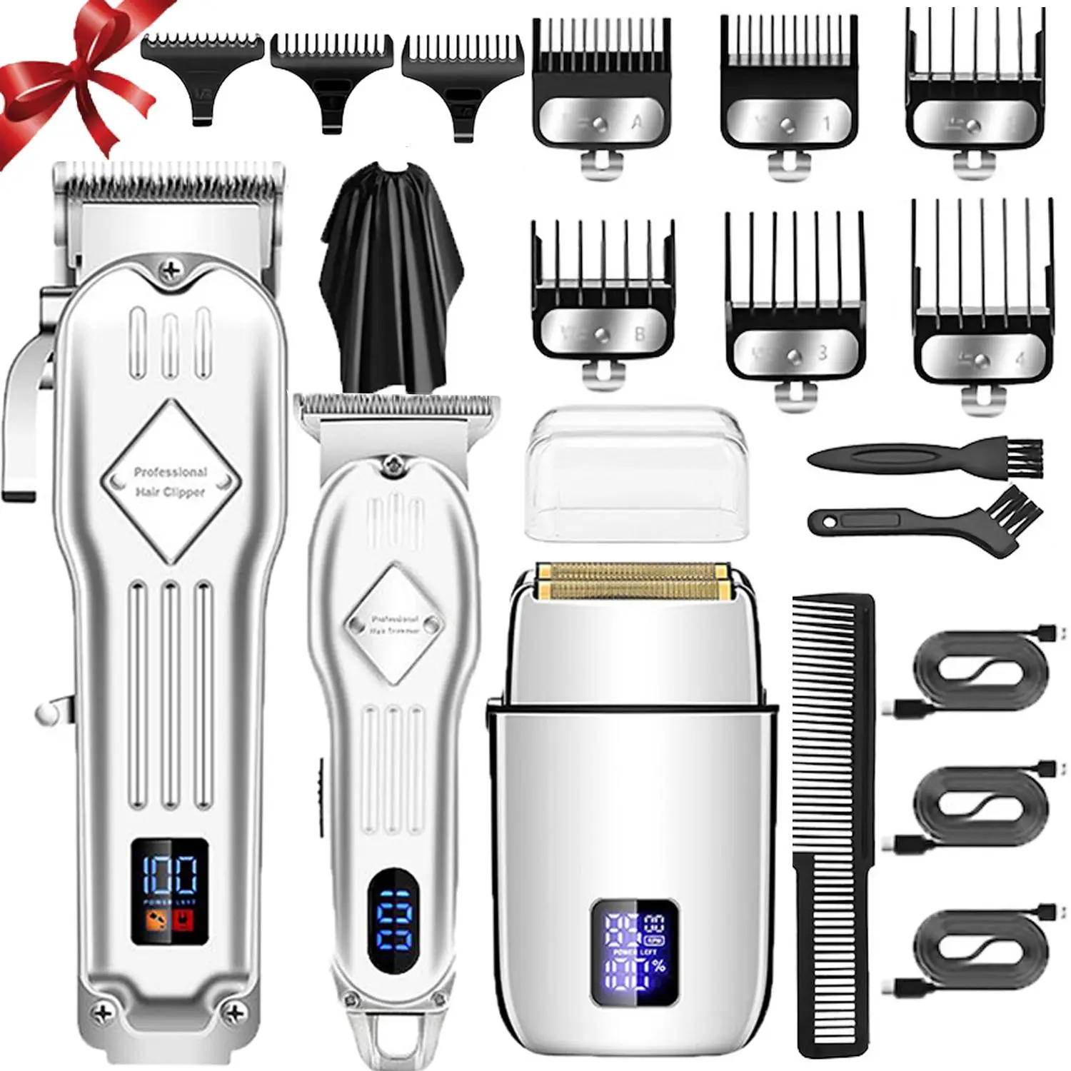 USB Rechargeable Electric Shaver Kit, 1 Set 3 Styles Multifunctional Portable Rechargeable Hair Trimmer Beard Shaver Hair Clipper Set with Display for