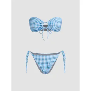 Cider Gingham Knotted Bandeau Bikini Set
