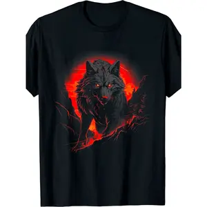Men's White T-Shirt with Fierce Black Wolf & Glowing Red Eyes - Fiery Wolf Pack Design, Dramatic Wolf Howling Print, Casual Round Neck Tee for Outdoor & Casual Attire, All-Season Fit (Machine Washable) - Wolf Lover Apparel Crewneck Menswear