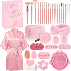 Pink Robe Gifts Set for Women - Satin Robe Toiletry Bag Scrunchies Greeting Card Makeup Kit Including Makeup Accessories Brushes Set with Cleaning Mat for Mom, Girlfriend