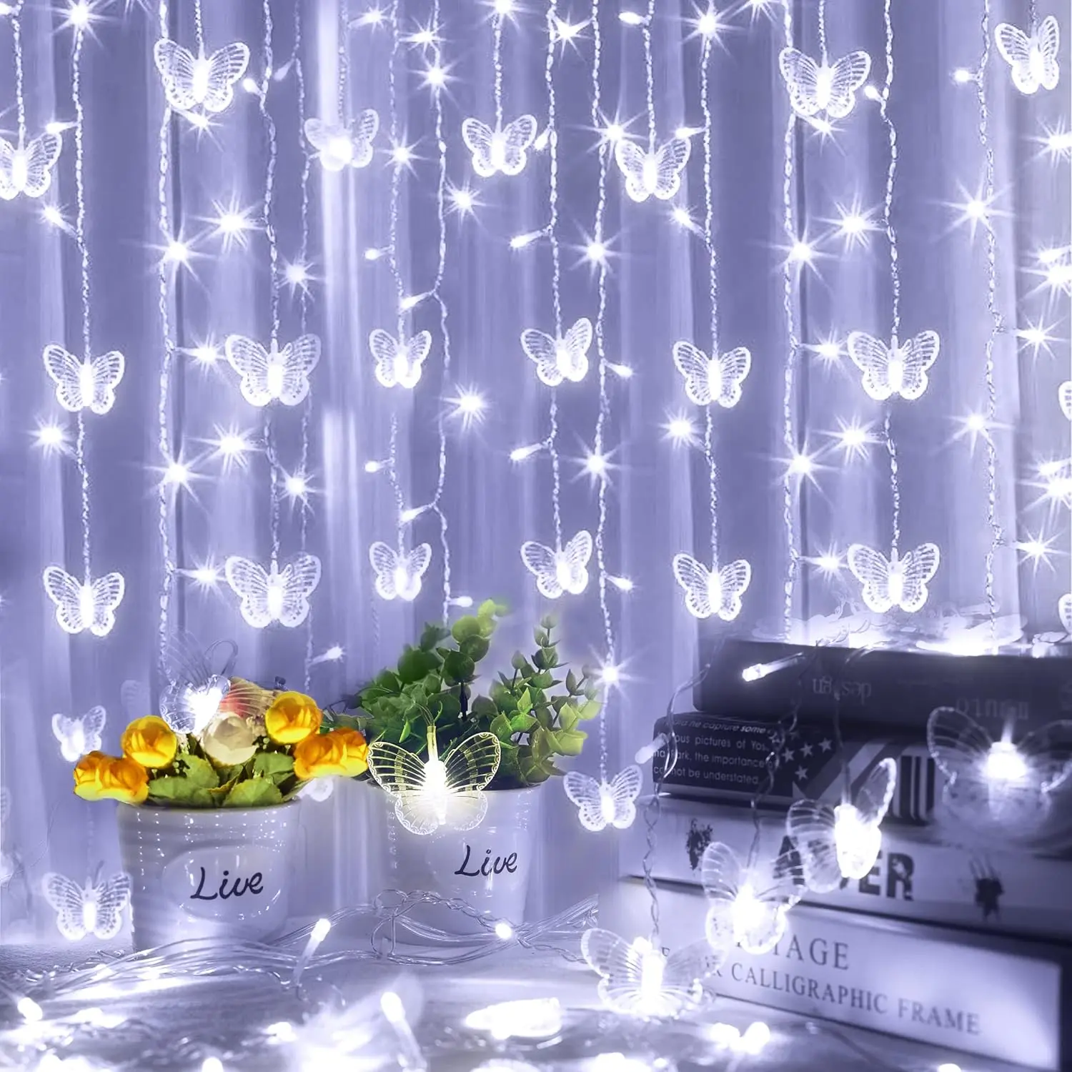 120 LED Butterfly Curtain Fairy Lights USB Plug in - 20 ft 8 Modes Firefly Twinkle Sting Lights with Romte Timer Wire Lights for Bedroom Christmas Wedding Party Decor(Pure White)