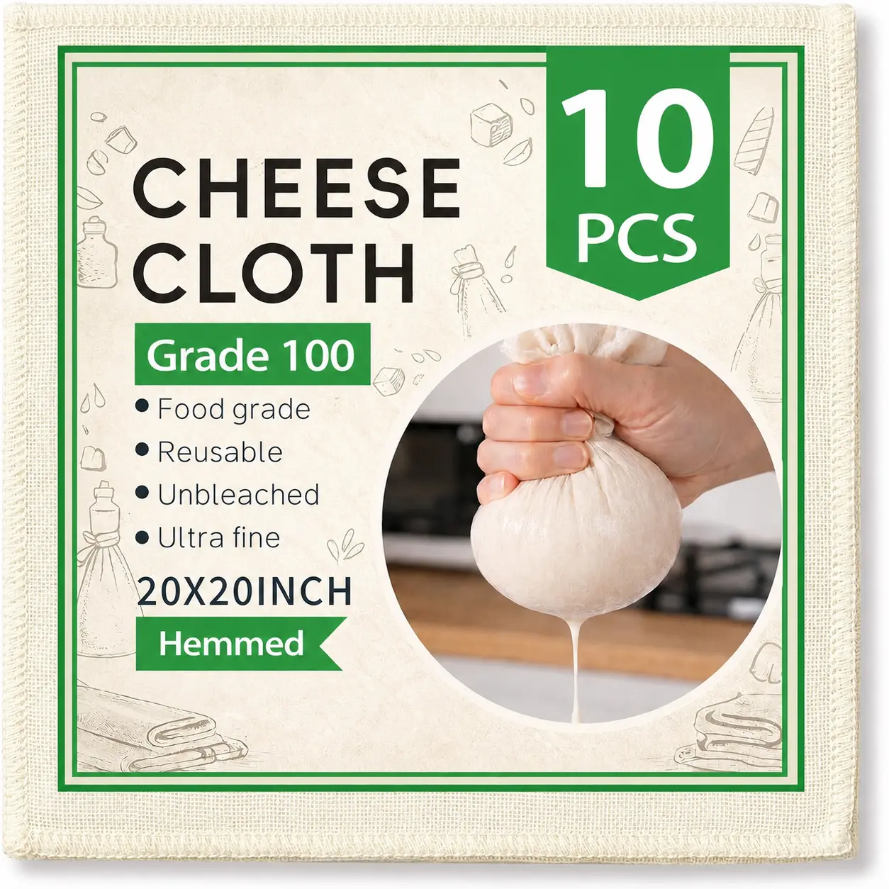 10 PCS 20x20 Inch Cheese Cloths for Straining, Grade 100 Cheese Cloth, Reusable Washable Unbleached Pure Cotton Cheesecloth for Cooking and Cheese Making with Hemmed Edge