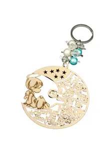 US LUOKASI 12pcs Baptism Wood Angel Boy in the Moon Design Keychain Baptism Favors with Boy Angel Recuerdos de Bautizo With Organza Bags