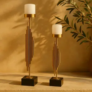 Set of 2 Abstract Gold Stainless Steel Metal Vertical Pipe Decorative Candle Holder with Black Marble Base