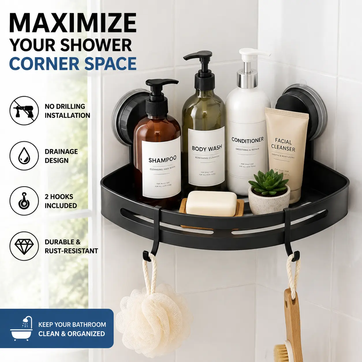 No-Drill Suction Triangular Corner Shower Organizer - Bathroom Accessories Organizer with Renter-Safe Mount, Smooth-Surface Grip, Durable Strong-Hold, Space-Saving Home Supply for Clean Bathrooms