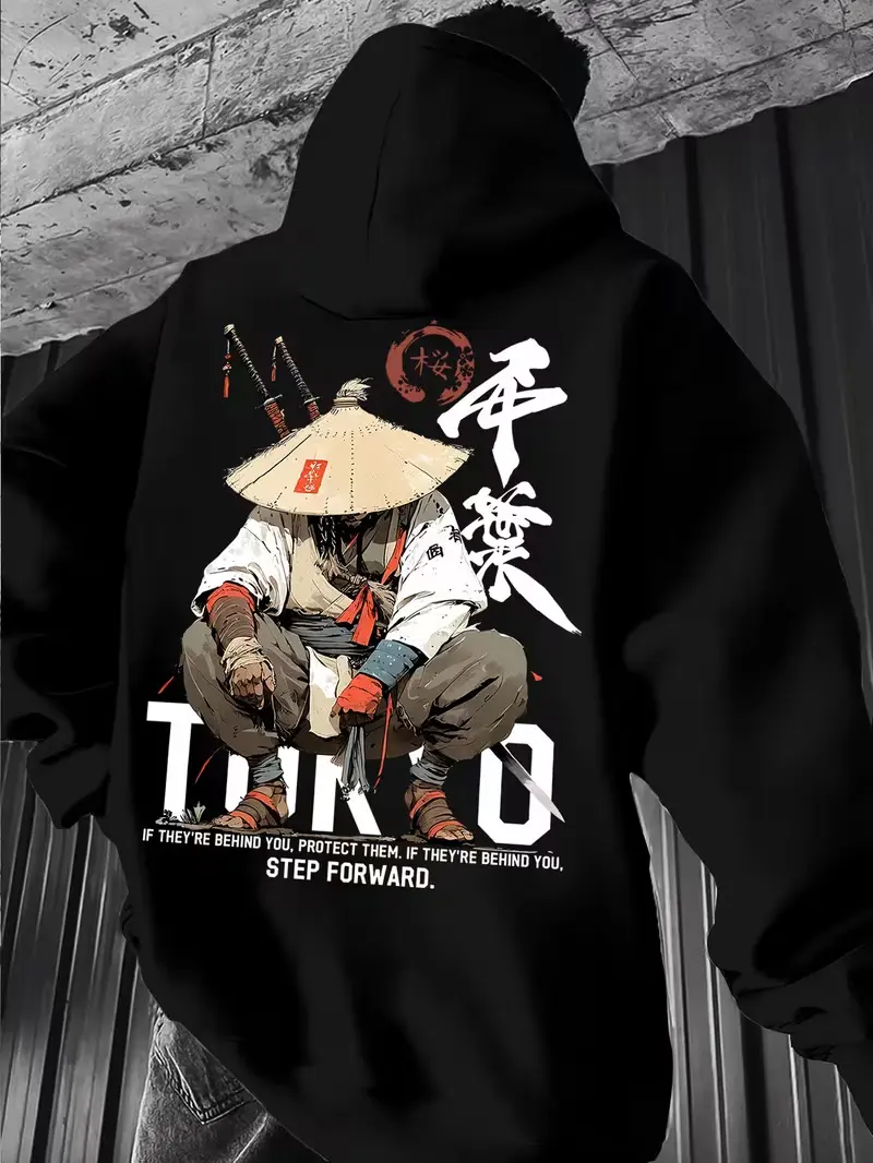 Tokyo Ronin Samurai Front Back Print Fleece Pullover Hoodie, Japanese Warrior Aesthetic Streetwear Long Sleeve Sweatshirt For All Seasons