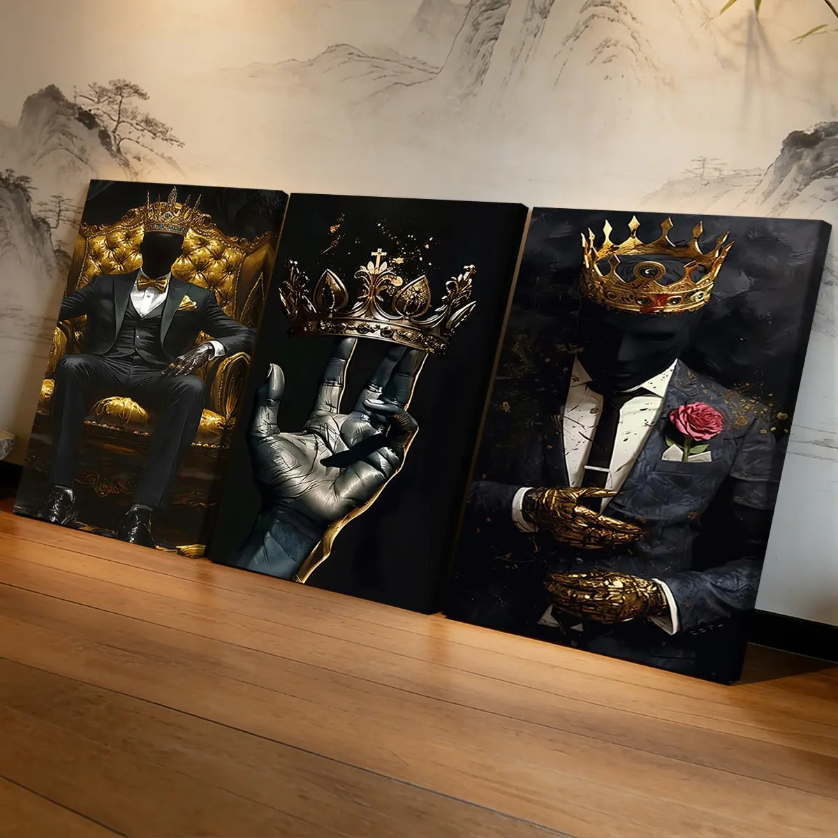 3 Counts Wooden Framed Canvas Painting, Golden Crown King Abstract Art Images, Exquisite Poster, Perfect Living Room Decoration, Modern Home Decor, Modern Art, Fashion Family Poster, Wall Art Decoration, Waterproof Art, Abstract Design 3 Counts Wooden Framed Canvas Painting, Golden Crown King Abstract Art Images, Exquisite Poster, Perfect Living Room Decoration, Modern Home Decor, Modern Art, Fashion Family Poster, Wall Art Decoration, Waterproof Art, Abstract Design