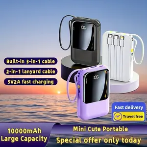 10000mAh mini and cute 5V2A fast-charging multi-functional power bank, large-capacity rechargeable portable mobile phone charger, built-in 4 cables, ultra-bright LED light, outdoor travel battery pack, smart digital display, Micro and Type-C input, USB-C