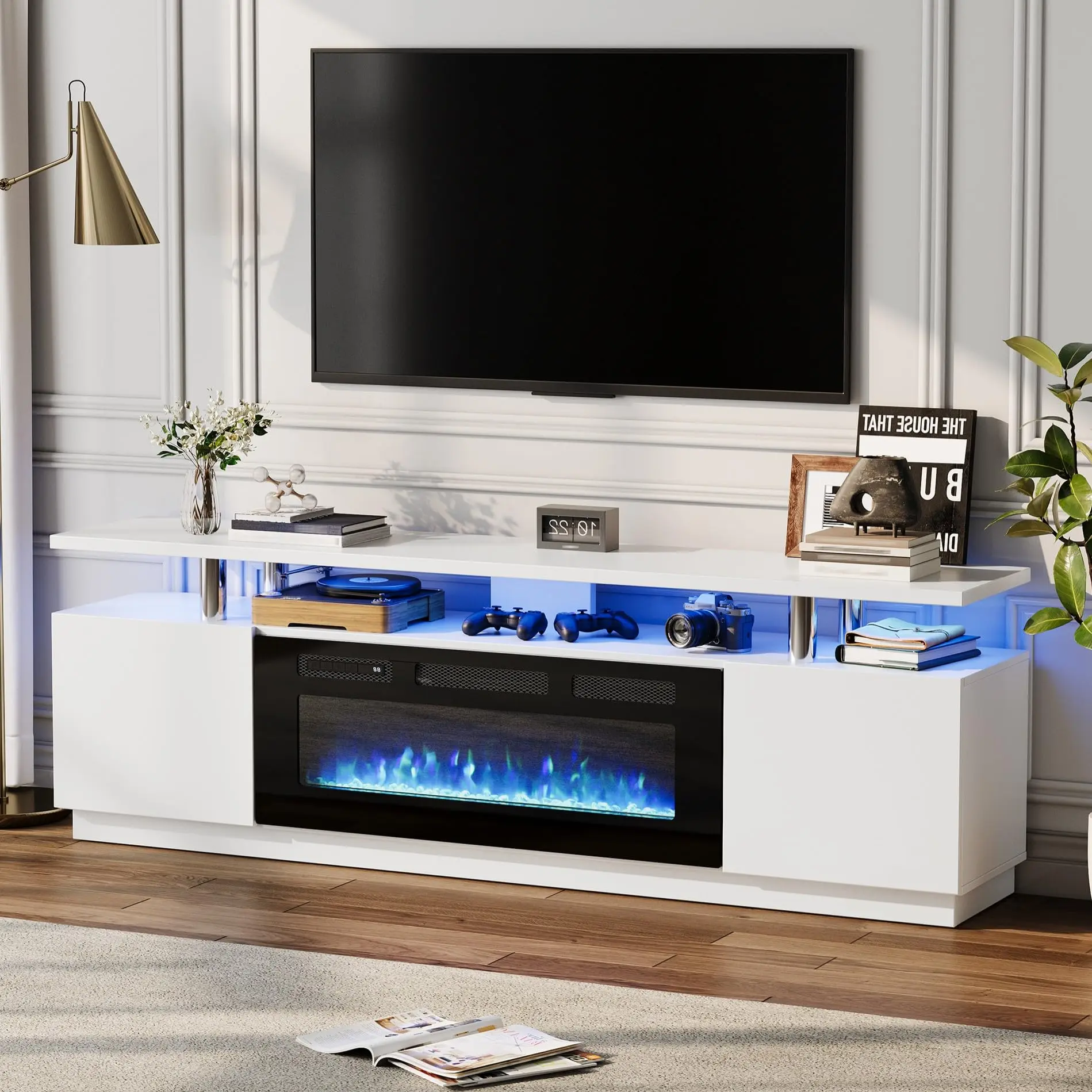 Garvee 70'' Fireplace Stand with 36'' Electric Fireplace Heater, 12 Flame & 7 LED Color Modes, High-Gloss Entertainment Center with 2-Tier Storage Cabinet, Remote Control Media Console in White