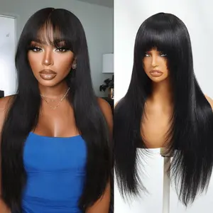 【New In】UNice Glueless Layered Yaki Straight Wig with Bangs Machine Made Human Hair Wigs 180% Density for Women Easy Wear Natural Look
