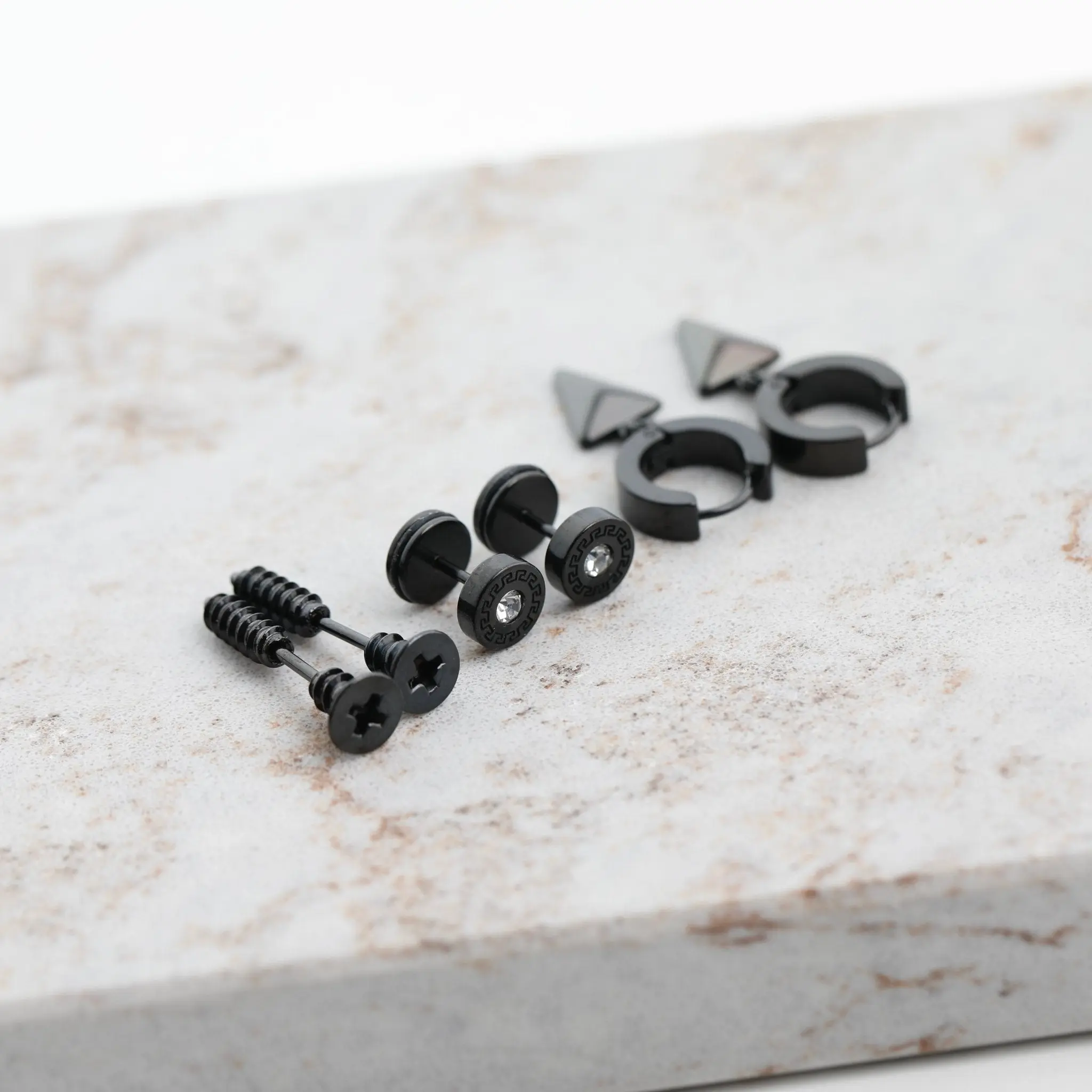 Black Screw Stud & Hoop Earrings 3 PAIR SET Hoops for Men & Women