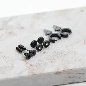 Black Screw Stud & Hoop Earrings 3 PAIR SET Hoops for Men & Women