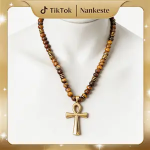 Ankh Cross Necklace with Natural Tiger Eye Beads, Adjustable Knot Cord, Stone Beaded Crystal Necklace for Men, Tiger Eye Beaded Necklace Natural Stone Pendant Necklace Gold Cross Necklace, Perfect Gift for Him/Her/Mom &Men's Accessories,