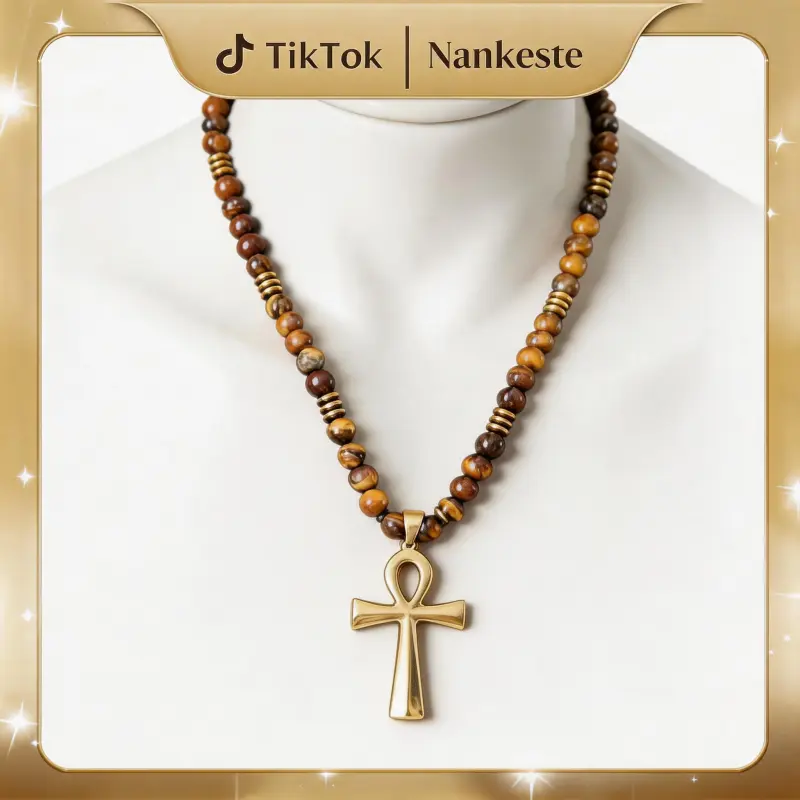 Ankh Cross Necklace with Natural Tiger Eye Beads, Adjustable Knot Cord, Stone Beaded Crystal Necklace for Men, Tiger Eye Beaded Necklace Natural Stone Pendant Necklace Gold Cross Necklace, Perfect Gift for Him/Her/Mom &Men's Accessories,