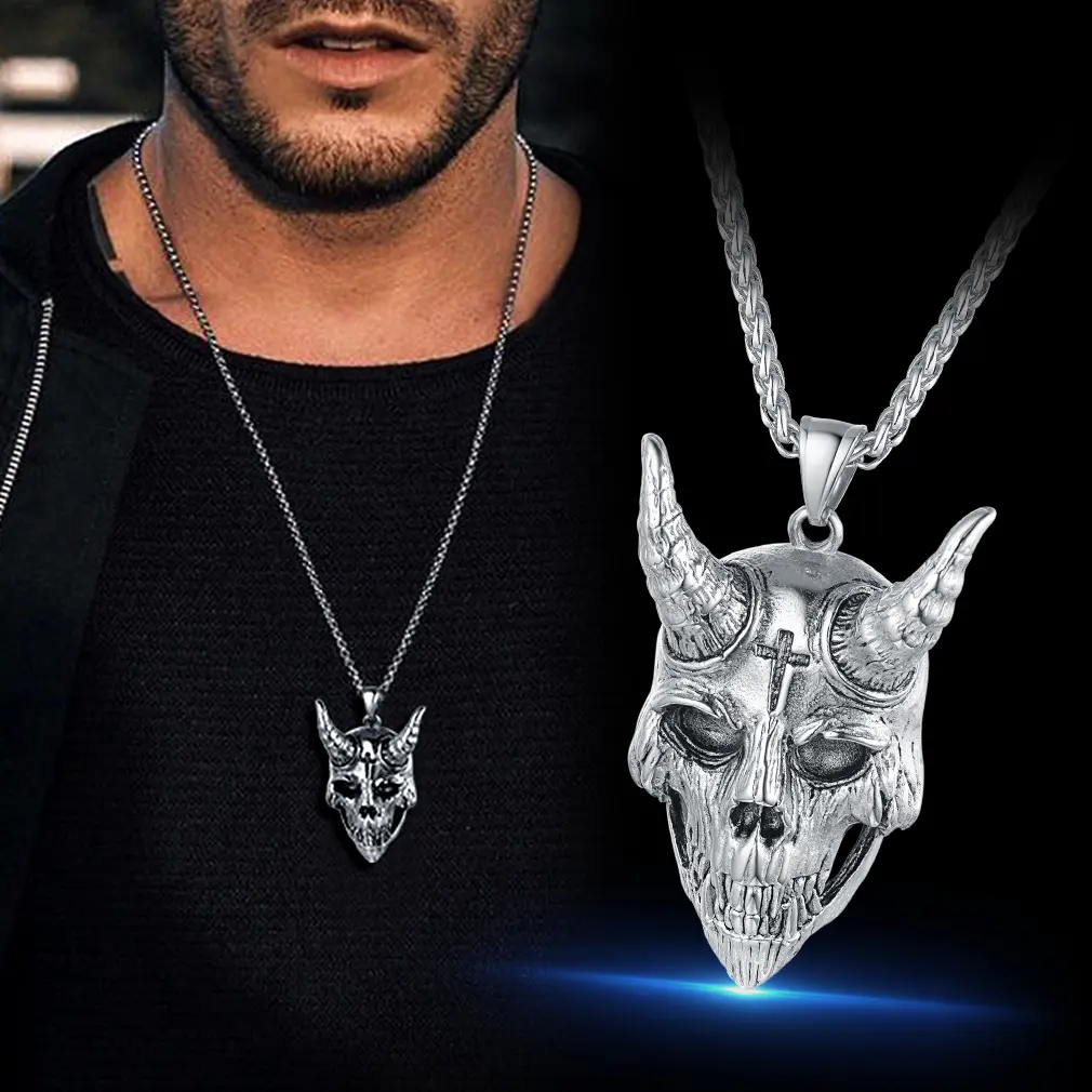 FaithHeart Gothic Skull Goat Baphomet Stainless Steel Artificial Gemstone Necklace, Exquisite Jewelry Gift for Gothic Style Enthusiasts