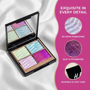 4-Color Multichrome Eyeshadow & Blush Palette - Buildable Sparkling Highlighter with Blue, Purple, Red & Gold Shimmer - Sweat-Resistant for Halloween, Parties & Gift Giving！