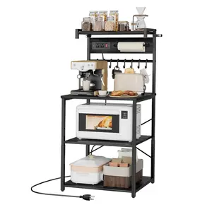 Kitchen Bakers Rack With Power Outlet And Built-In Power Strip, 4.6Ft Tall Kitchen Stand With X-Shaped Support, 8 S-Shaped Hooks, Coffee Bar Organizer For Dishes, Spice Bottles, And Small Appliances