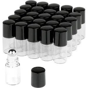 25 count Clear Glass Mini Roll On Bottles Empty Essential Oil Roller Ball Bottles Perfume Lip Blam  Sample Vials Roller Glass Bottles Container With Black Cap (2ml)