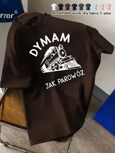 DYMAM JAK PAROWÓZ Polish Vintage Steam Train Print Men's Crew Neck Short Sleeve T Shirt Summer Breathable Quick Dry Soft Skin Friendly Loose Casual Daily Commute Retro Locomotive Style Essential
