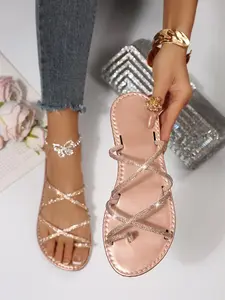 Summer New Round Toe Open-Toe Casual Fashion Glass Rhinestone Slip-On Sandals, Women's Flat Heel Beach Vacation Flip Flops, Holiday Sandals