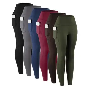 6pcs High Waist Cropped Leggings with Pockets for Women, 78% Polyester 22% Elastane Knit Fabric, Solid Color All-Season Casual Style, Casual Leggings|Sleek Design|Smooth Texture, High Waisted Leggings