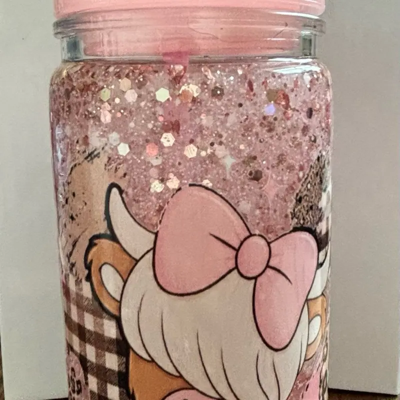 Pink Highland Cow Snow Globe Tumbler | Cute Cow Glitter Cup | 16 oz Tumbler with 3D Highland Cow Topper | Western Farmhouse Gift