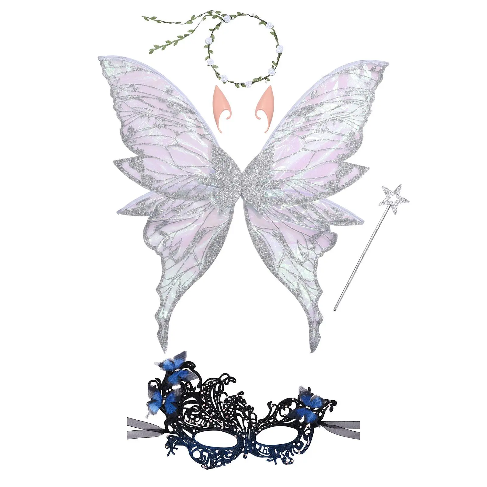 OIDEA Halloween Fairy Costume Accessory Set - Sheer Fabric Butterfly Angel Wings, Colorful Floral Crown, Elf Ears, Lace Masquerade Butterfly Mask, Fairy Wand, Adjustable Straps
