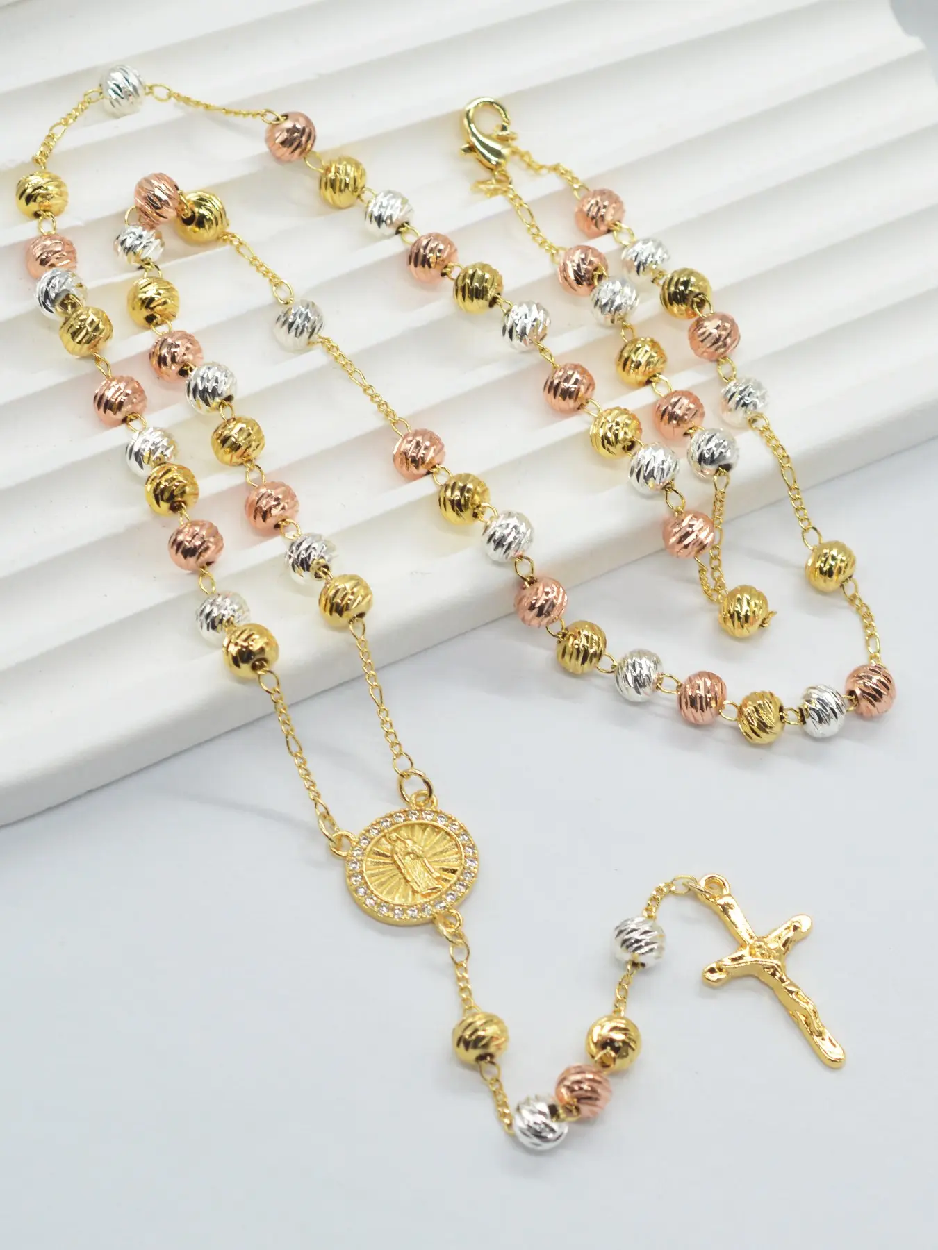 Elegant Guadalupe Virgin Mary Jesus Cross Religious Colorful Beads Pendant Necklace, Unisex Jewelry, Christmas Thanksgiving Easter Gift, Cross Necklaces