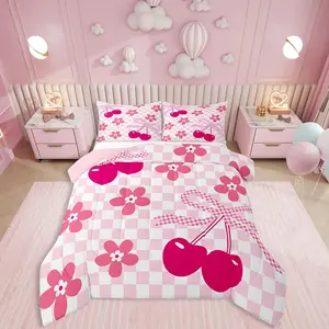 Feelyou Queen Groovy Vintage Floral Comforter Set - Plaid Bowknot Design, Cherry Blossoms, Pink White Patchwork, Breathable Quilt, Skin Friendly Soft Lightweight Blanket for Girls, Skin Friendly Blanket