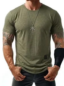 Men's Lightweight & Breathable Curved Hem T-Shirt - Slim Fit Minimalist Street Style, Versatile Olive Green Casual Top, Ideal for Fitness, Daily Commute, Weekend Outings and Various Occasions