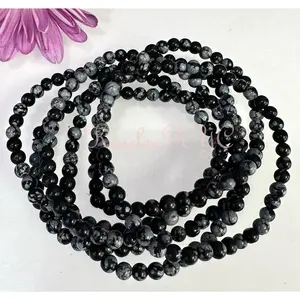 Wholesale Lot 6 Pcs Natural Snowflake Obsidian 4mm 7.5” Crystal Healing Stretch Bracelet