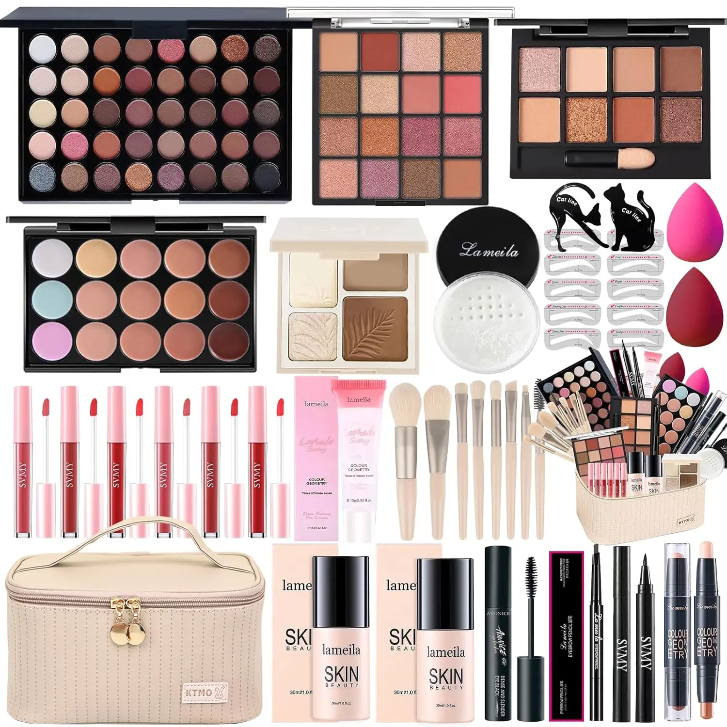 Women's All-in-1 Makeup Kit, Essential Cosmetic Bundle Gift Set with Eyeshadow Palette, Foundation, Eyeliner, Contour Stick, Lip Gloss, Brush Set for Teens & Girls